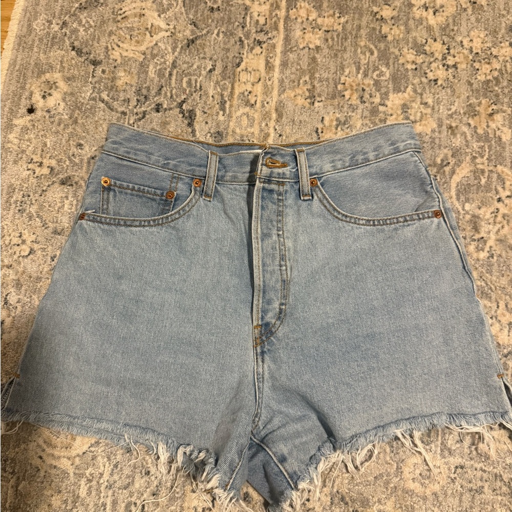 Re/Done Light Blue Frayed Jean Shorts